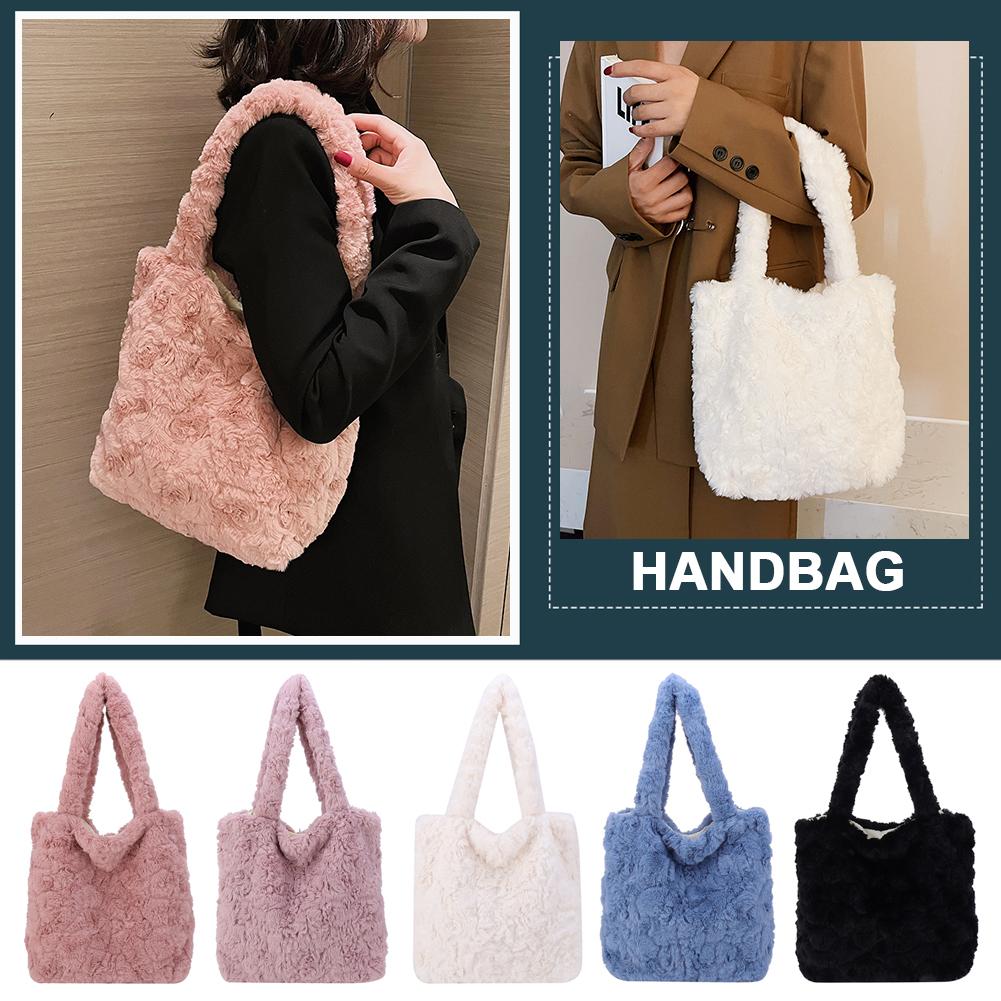 Women Clutch Handbag Retro Autumn Winter Shoulder Tote Fluffy Soft Plush Portable Travel Purse for Ladies Girl Gift