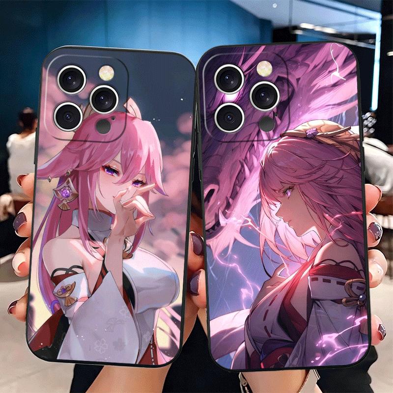 Genshin Impact Yae Miko Soft Phone Case for iPhone 16 16E 17 Air 15 Pro Max 14 Plus 13 Mini 11 12 7 Black Cover Back Shell
