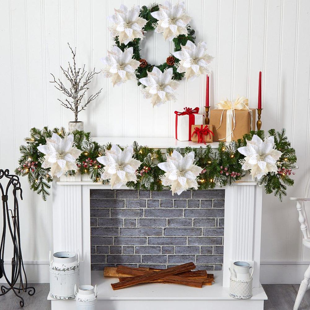 12Pcs Christmas Poinsettia Artificial Poinsettia Multi-Function Christmas Tree Flowers Ornaments for Holiday Party Festival