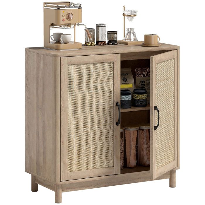 Sideboard - HOMCOM - 2 Rattantüren, verstellbarer Einlegeboden und abgerundete Kanten - Spanplatte - 76 x 35 x 75,5 cm - Eiche