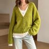 Women's V-Neck Loose Fit Knit Sweater Long Sleeve Casual Color Pullover
