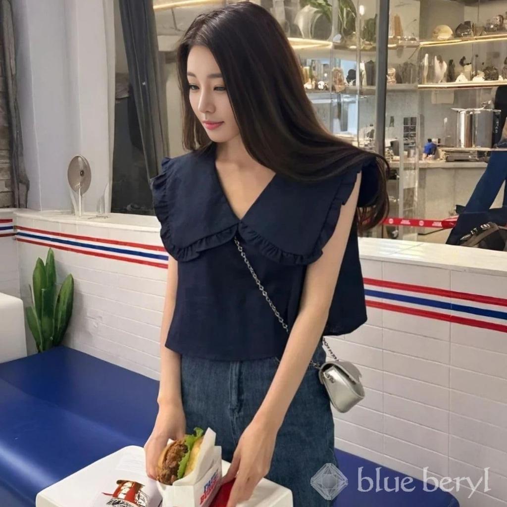 Blue Beryl Ruffled Collar Cotton Perfect for Blouse, Blend, Sleeveless, V-Neck, Spring/Summer, Lightweight, Elegant, Feminine, Cute, Commuting, Navy,