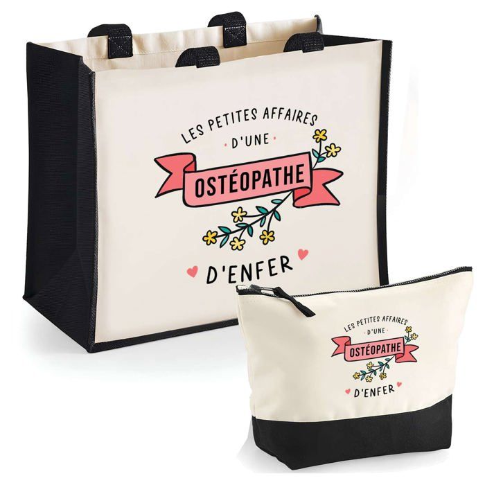 Duo cabas jute et trousse les Affaires d'une Ostéopathe d'Enfer Cadeau Anniversaire Noël | Sac courses Pochette Maquillage Shopping