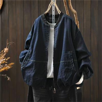 Women Vintage Stand Jackets Solid Color Zipper Autumn Coats Loose Patchwork Pockets Casual Jackets