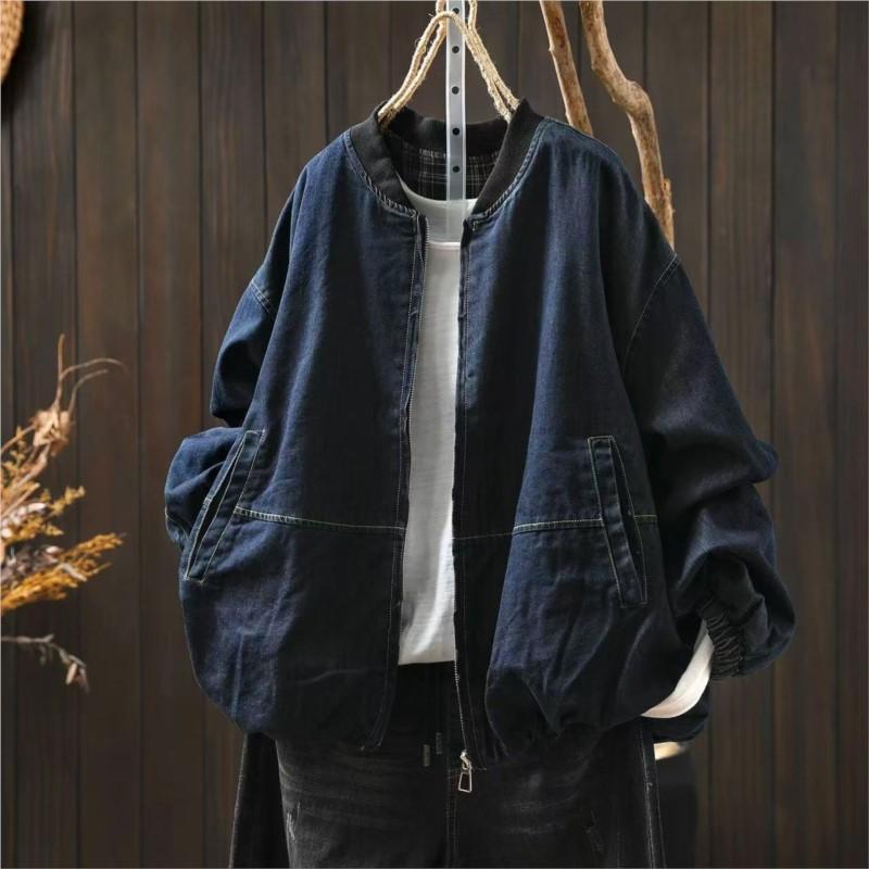 Johnature Women Vintage Stand Jackets Solid Color Zipper Autumn Coats Loose Patchwork Pockets Casual Jackets