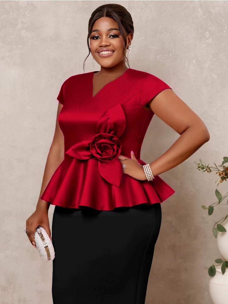 Women Plus Size Shiny Blouse Tops V Neck Peplum 3D Flower Birthday Event  Party Pullover Wedding Guest Curve Ladies African New