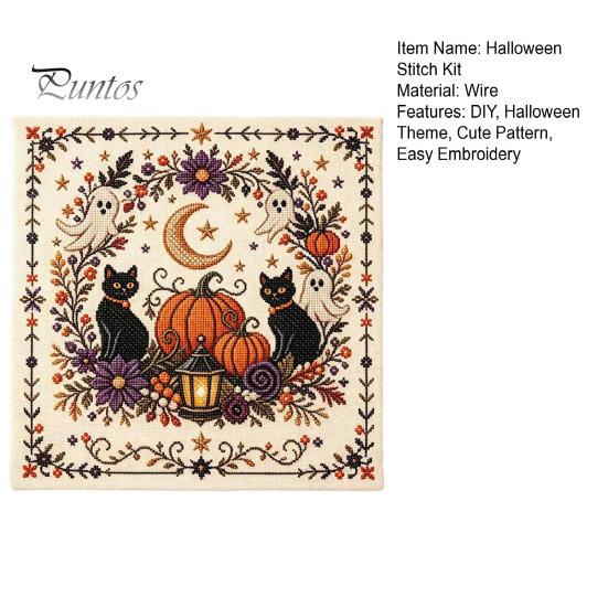 Kompletní balíček pro jehlovou práci Halloweenská výšivka, DIY sada stehů pro dospělé, Roztomilá čarodějnice, Světlý dýně, Duch, Černá kočka Vzor na stěnu