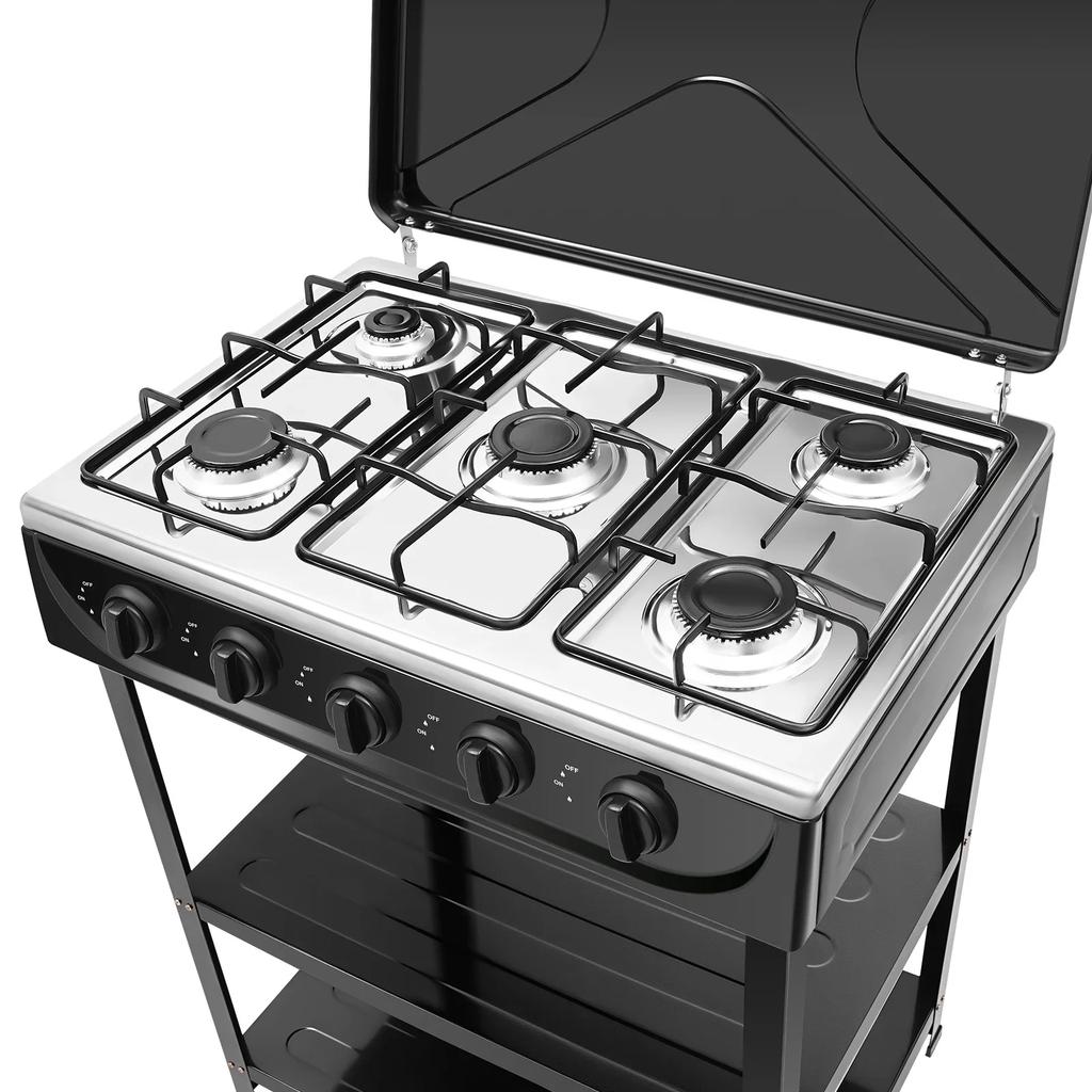 5-Brenner-Gaskocher Tragbarer Erdgas-Campinggrillkocher Standherd Kochfeld Kocher mit Aufbewahrungsständer für Outdoor-Wohnmobil