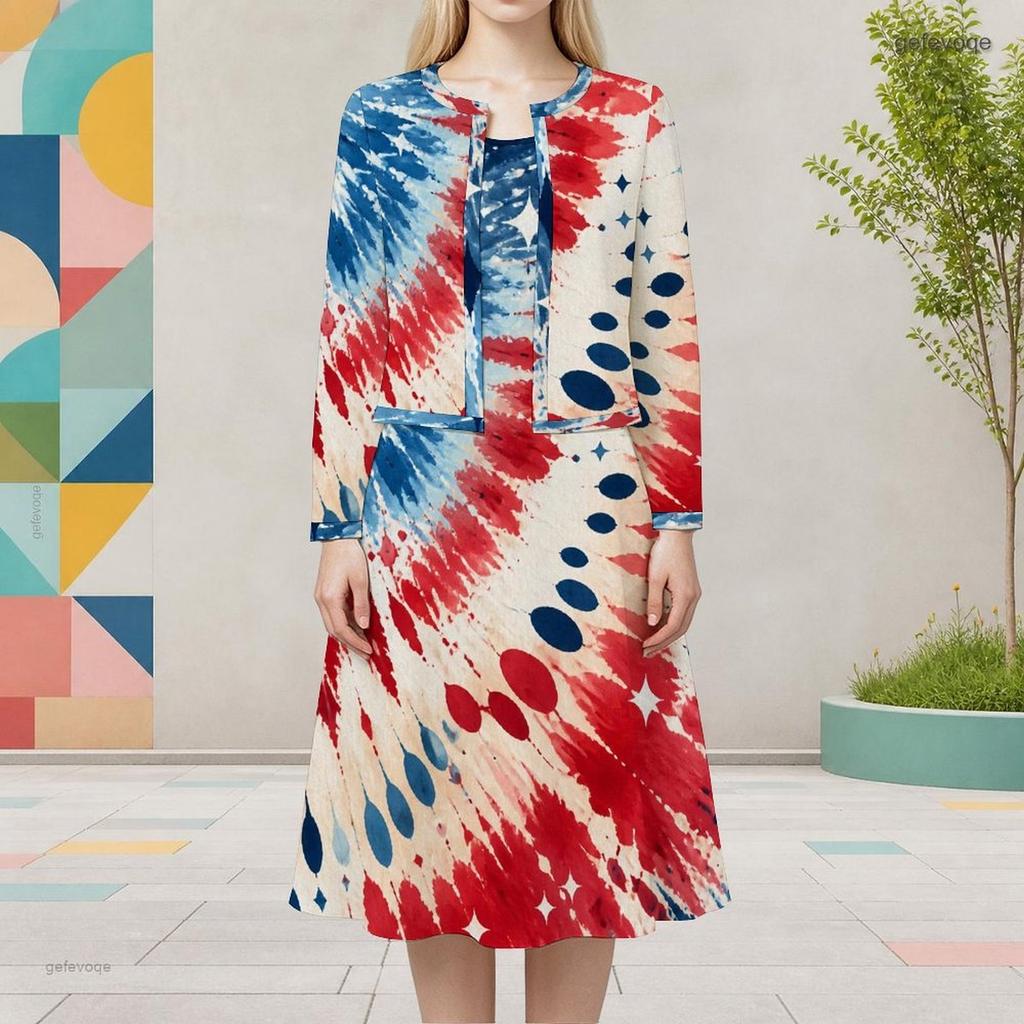 Women Plus Size Dark Blue Printed Round Neck Long Sleeve Cropped Cardigan Sleeveless Dress Two Piece Set