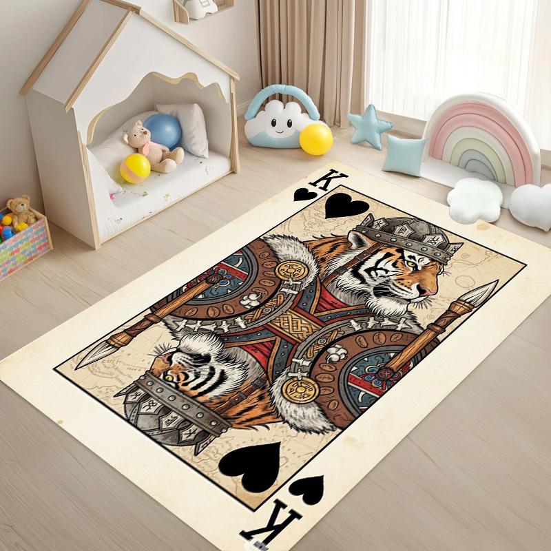 Red Background Playing Card Leopard Rug Carpet Mat Non-Slip for Living Room Bedroom Retro Home Decor
