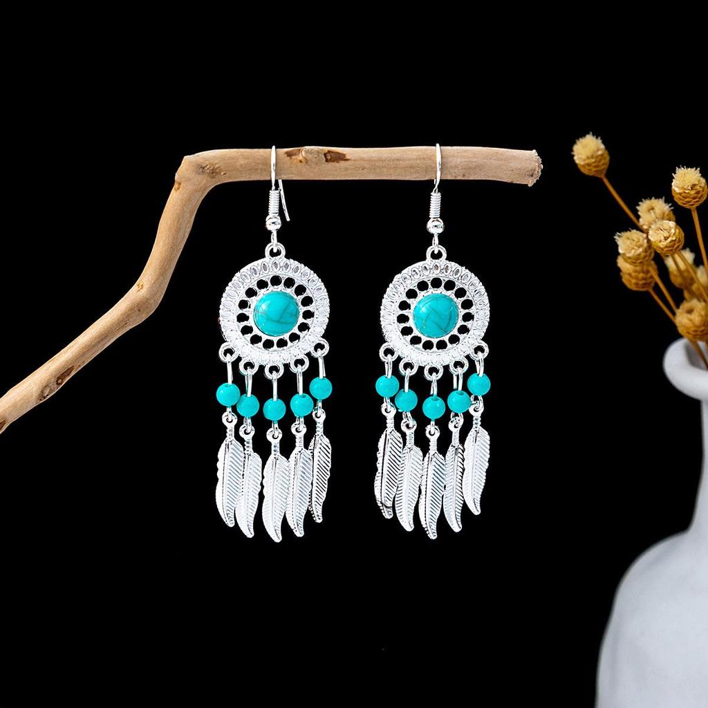 Bohemian Ethnic Miao Silver Turquoise Tassel Earrings for Women