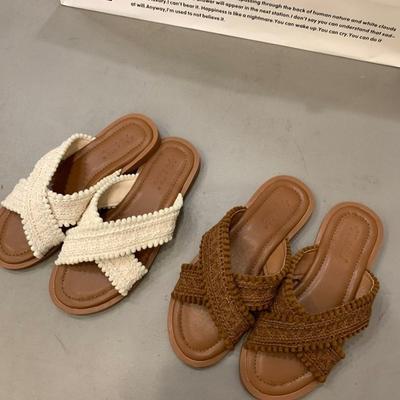 Ethnic Style Cool Slippers 2024 New Summer Vintage Woven Cross Bohemian Student Flat Bottom One-word