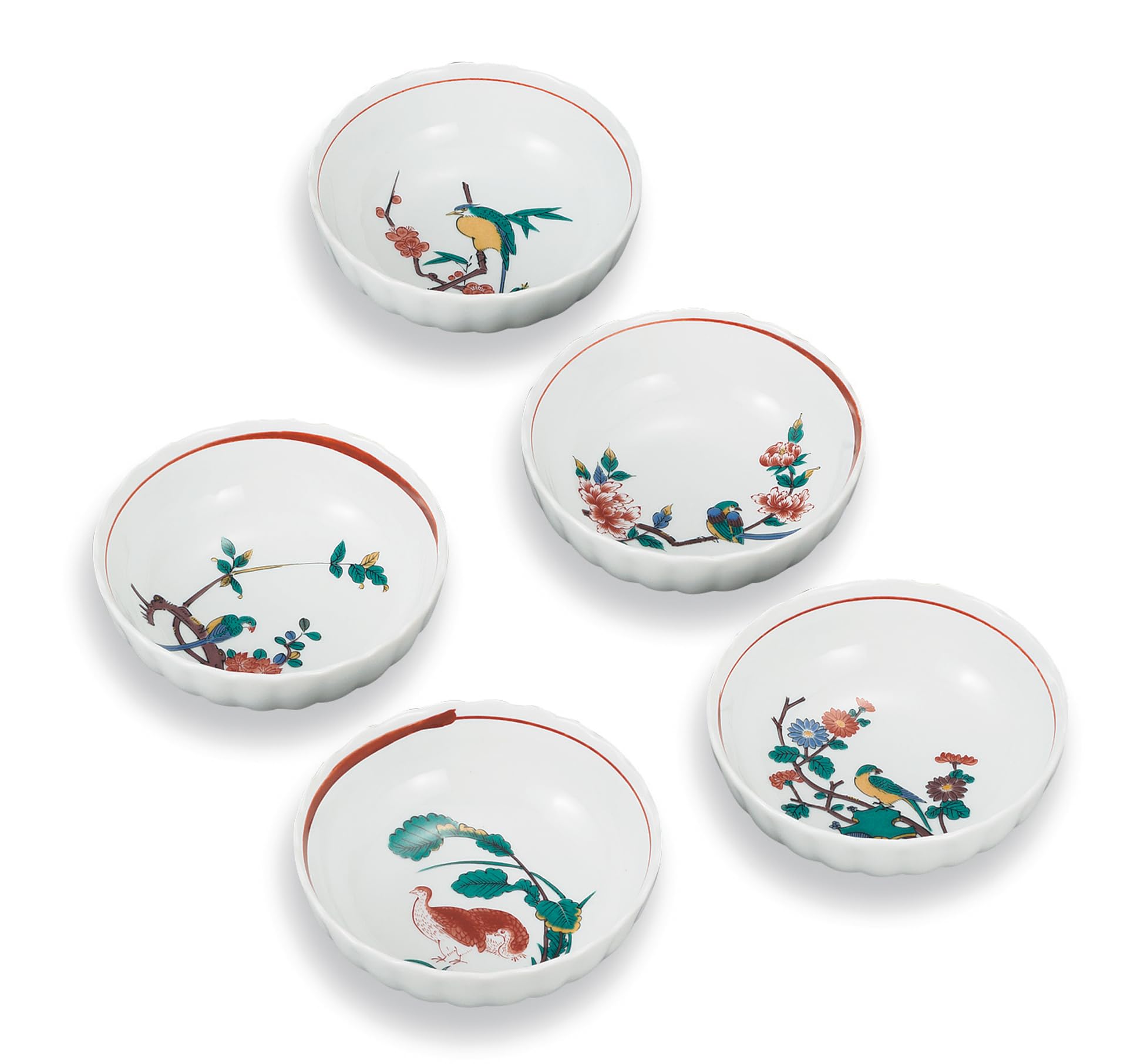 

Marusan Miyamoto Kutani Ware 4.5 size small bowl set with flower and bird designs, AP7-0309
