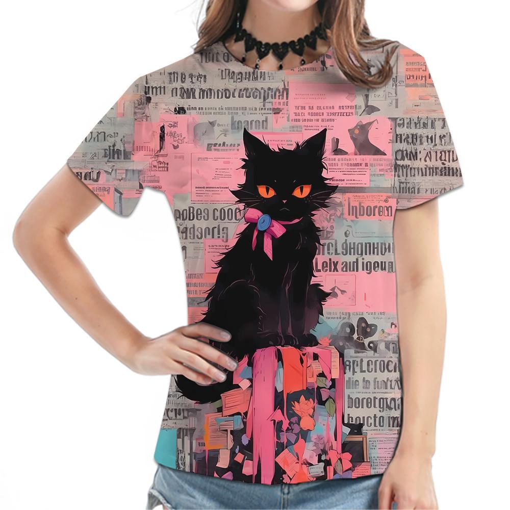Women's Black Short-Sleeve Tee - Colorful Cat Pattern Graphic Print, Cute Animal All-Over Design Casual Top, Stylish Daily Wear