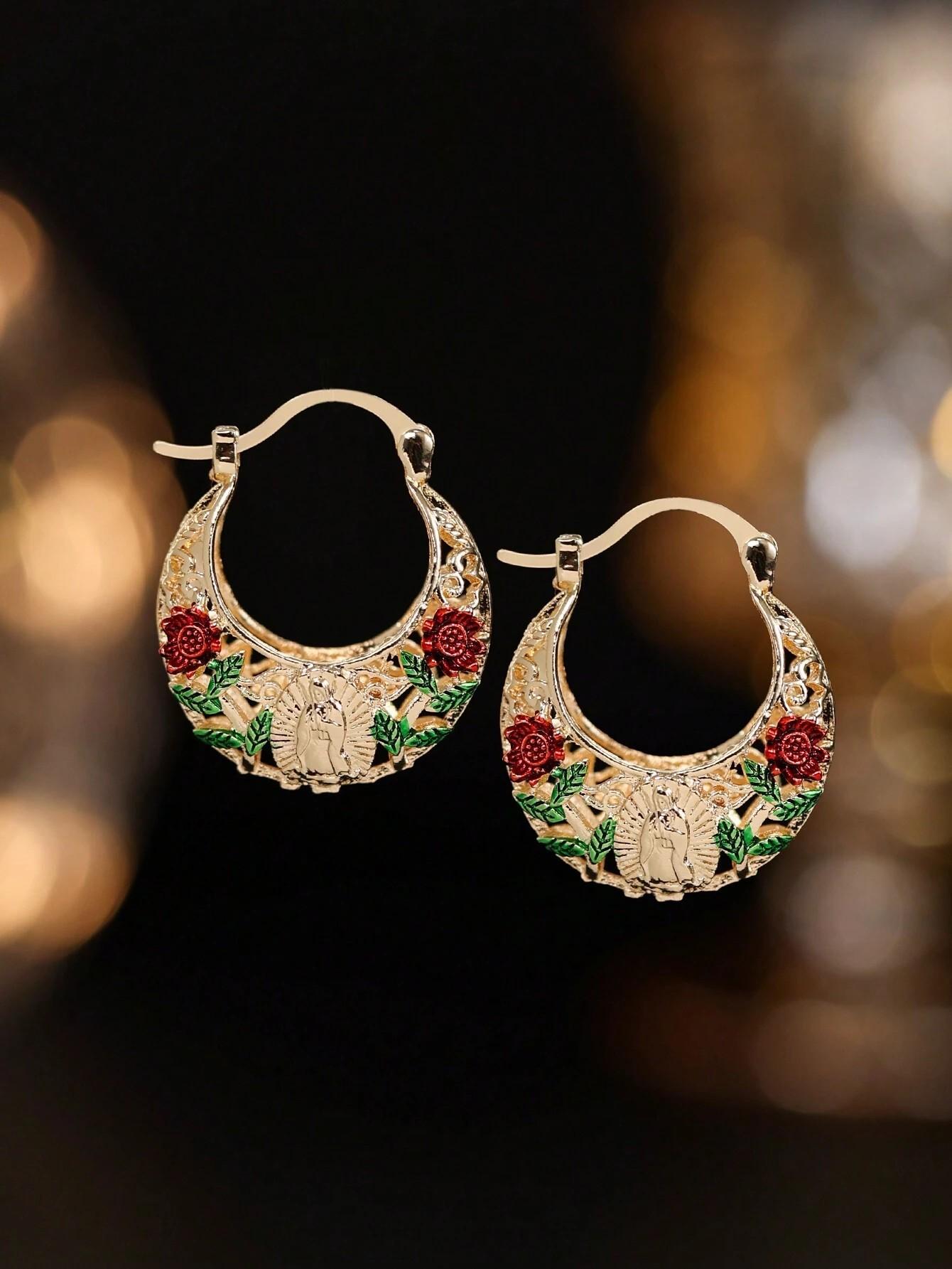 

Vintage Our Lady of Guadalupe Hoop Earrings Hollow Floral Carving Religious Icon Design Gold Color Women s Party Jewelry