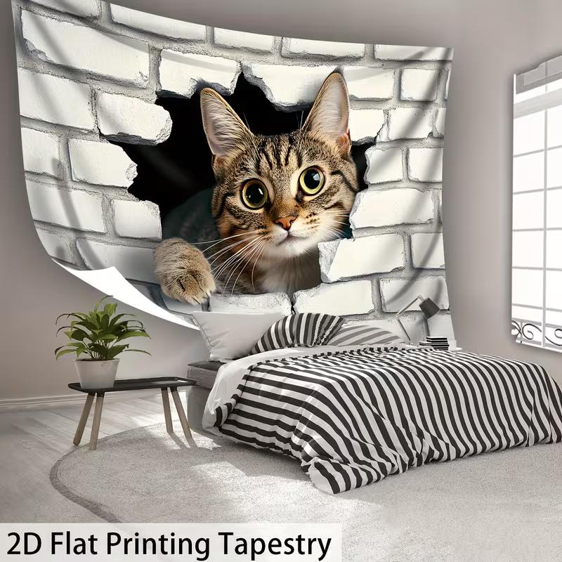 2D Cute Tabby Cat Tapestry White Brick Wall 2D Illusion Wall Hanging