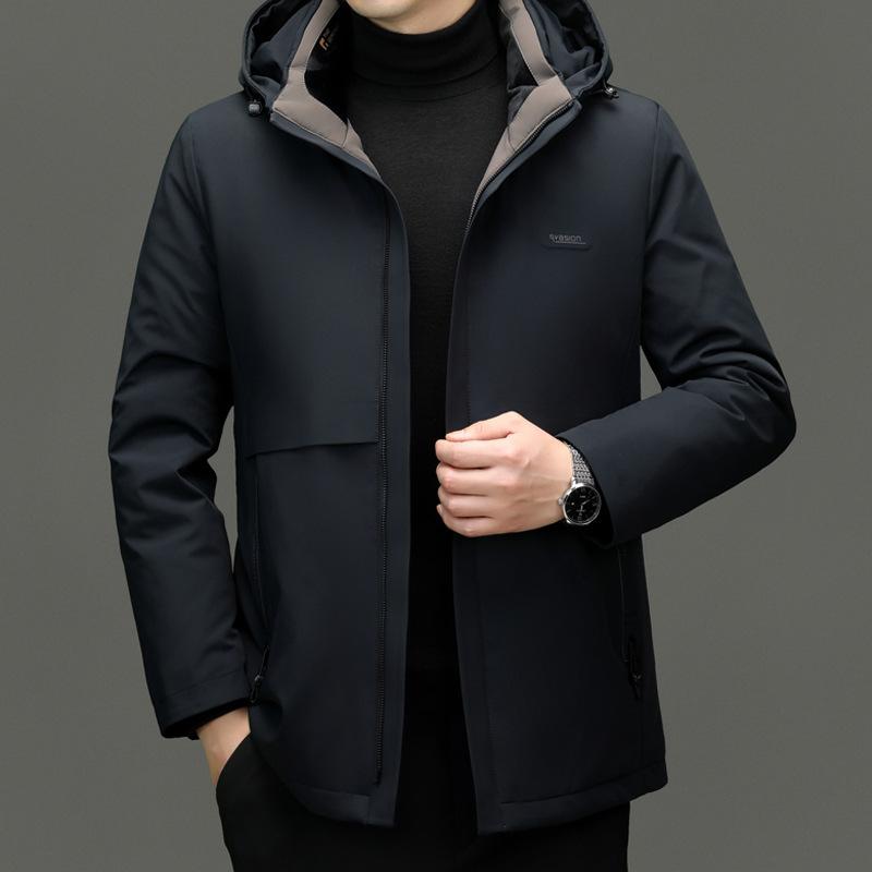 Herrenmilchseide Daunenjacke mit Kapuze Verdickt Papa Jacke Mittellange und Lange Daunenjacke Abnehmbare Innenjacke