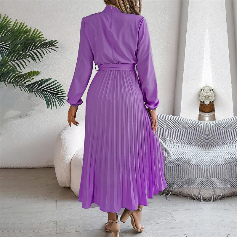 Women Long Sleeve A Line Dress High Waist Stand Collar Pleated Solid Long Dress Autumn Winter Sizes S To XXXL