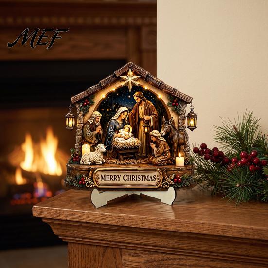 Durable Wood Nativity Set Scene Wooden Tabletop Sign, Christmas Manger Holy Family Figurine Decor, for Table Decor Religious Xmas Desktop Ornament,