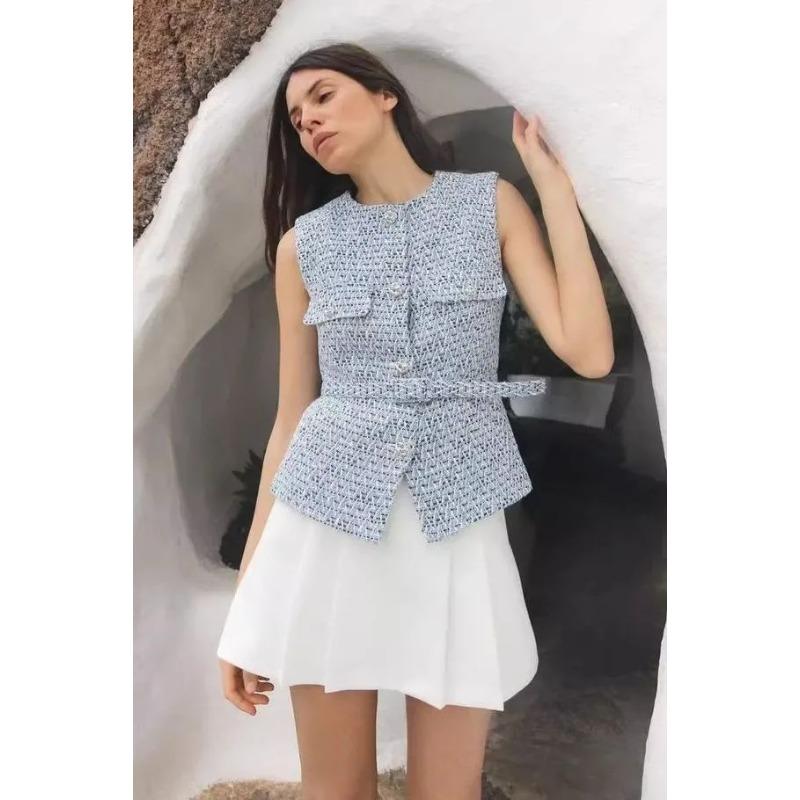 

Женский черный твидовый жилет с поясом, без рукавов, на пуговицах S синий