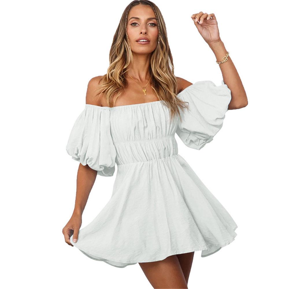 Damen Sommerkleid mit langen Laternenärmeln, schulterfreiem Minikleid, gerüscht, A-Linie, quadratischer Ausschnitt, fließendes Swing-Strandkleid