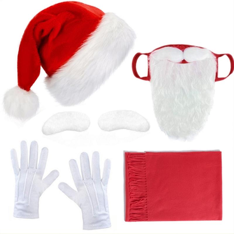 Christmas Cowman Hat Scarf Self Adhesive Eyebrows, Santa Mask with Long Beards for Women Men