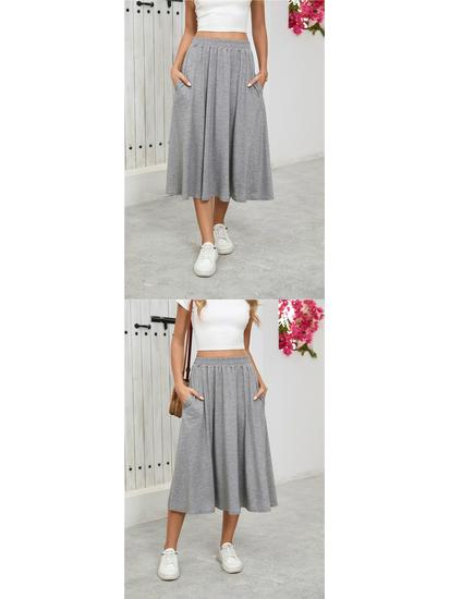European High-Waisted Casual Midi Skirt - A-Line, Loose Fit, Draped Hem