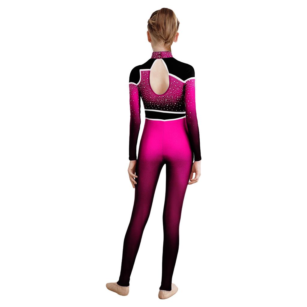 Girls Dance Gymnastics Jumpsuit Color Block Gradient Mock Neck Long Sleeve Keyhole Back Shiny Rhinestones Bodysuit