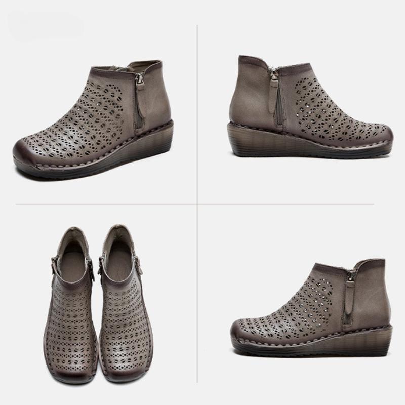 Johnature Genuine Leather Breathable Hollow Out Boots Retro Versatile Comfortable Women's Wedges Shoes