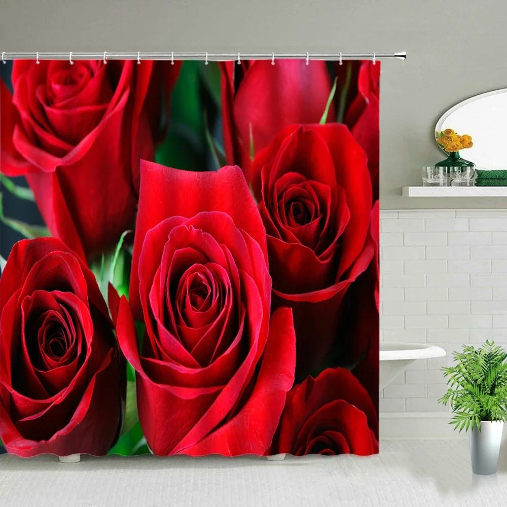 Romantic Rose Shower Curtain Set - Vibrant Red & Purple Floral Designs for Elegant Bathroom Décor, Waterproof & Easy Care