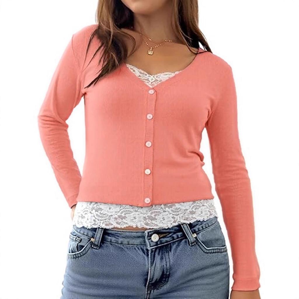 2025 European & American Fashion V-neck Button Ribbed Lace Patchwork Long Sleeve Two-piece Top