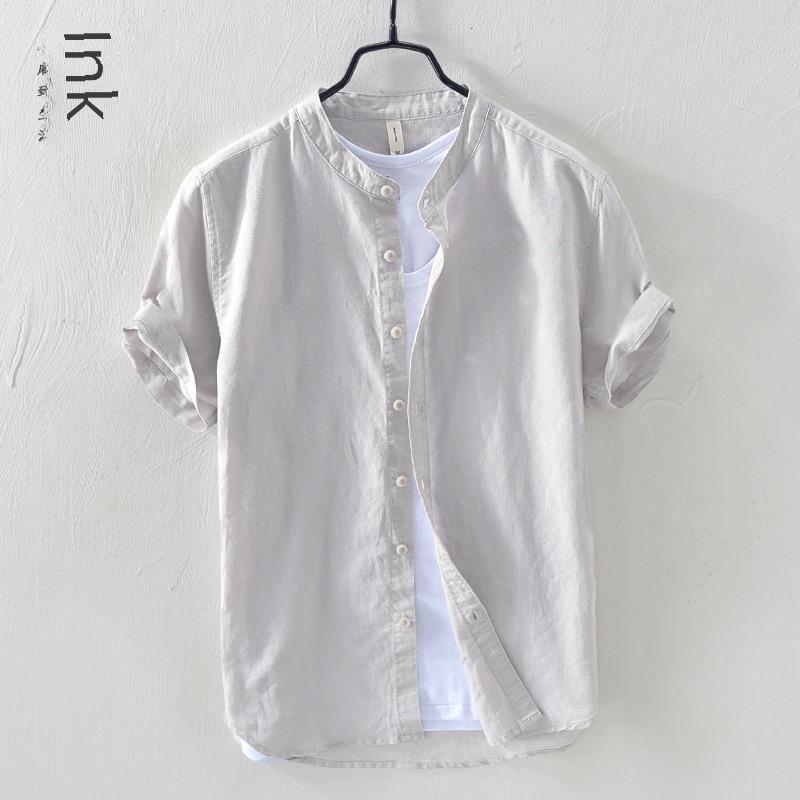 Men's Short Sleeve Stand Collar White Linen Shirt - Lightweight, Breathable, Casual, and Fresh.