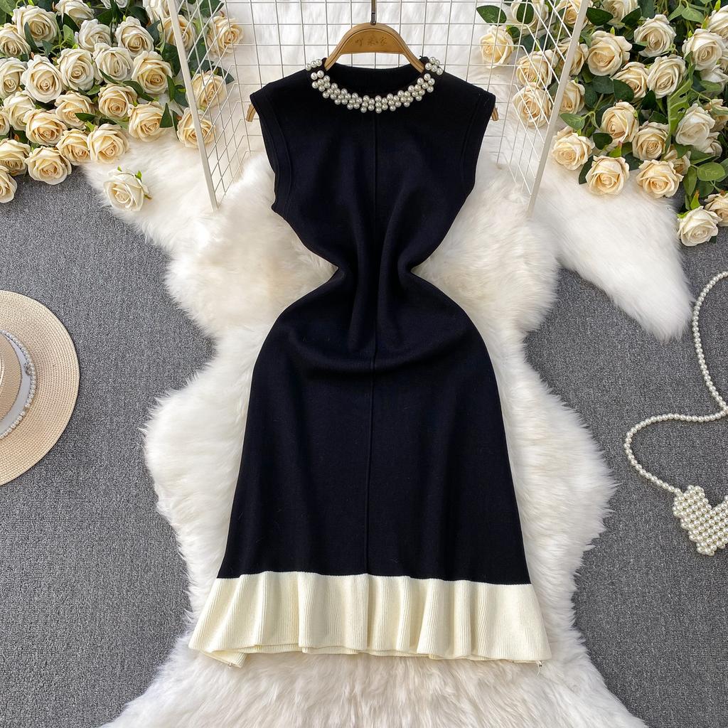 Spring Summer Beaded Knitted Mini Dress for Women Fashion Sleeveless Slimming Ruffle-Trimmed Sweater Dress