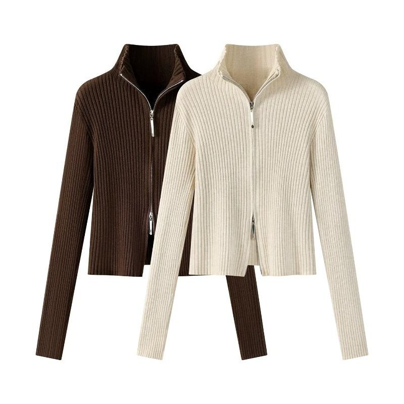 Women's Autumn Winter Knit Cardigan Versatile Office Slim Flattering Cropped Zip-Up Sweater Korean Long Sleeve Outerwear