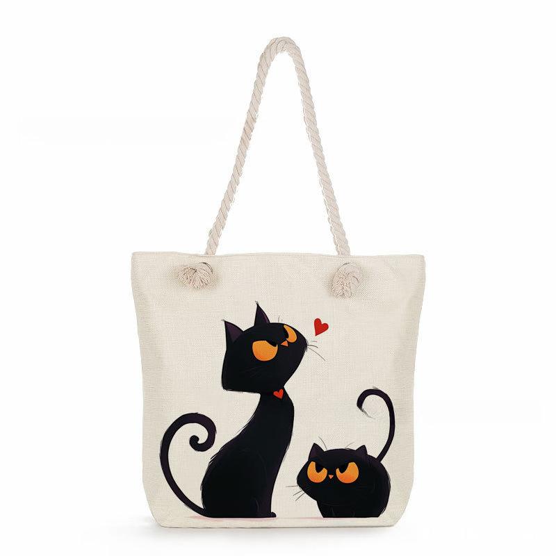 Black cat print thick rope single-shoulder beach bag 7364