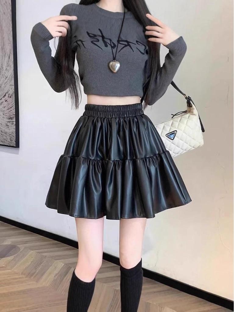 Women's Fluffy PU Leather A-Line Short Skirt: High-Waisted, Slim-Fit, Versatile, Elastic Waist – 2025 Autumn/Winter Collection