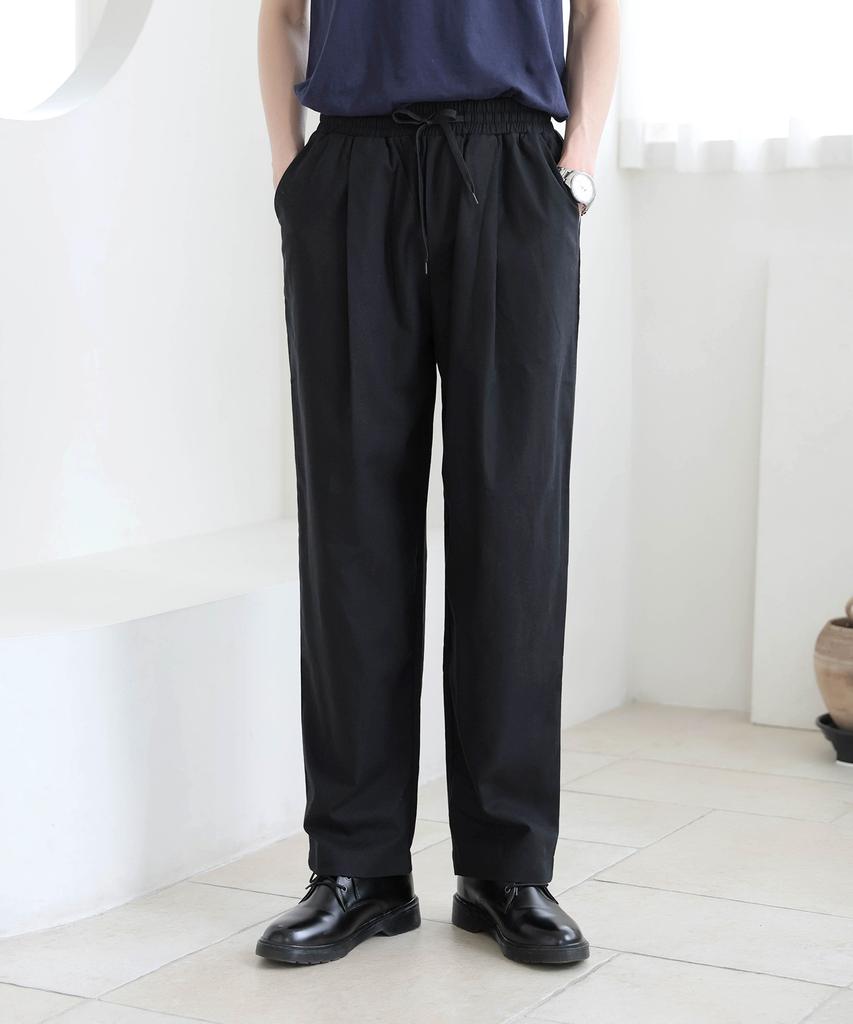 Jikeulib Elastic Waist Pintuck Semi-Wide Cotton Pants