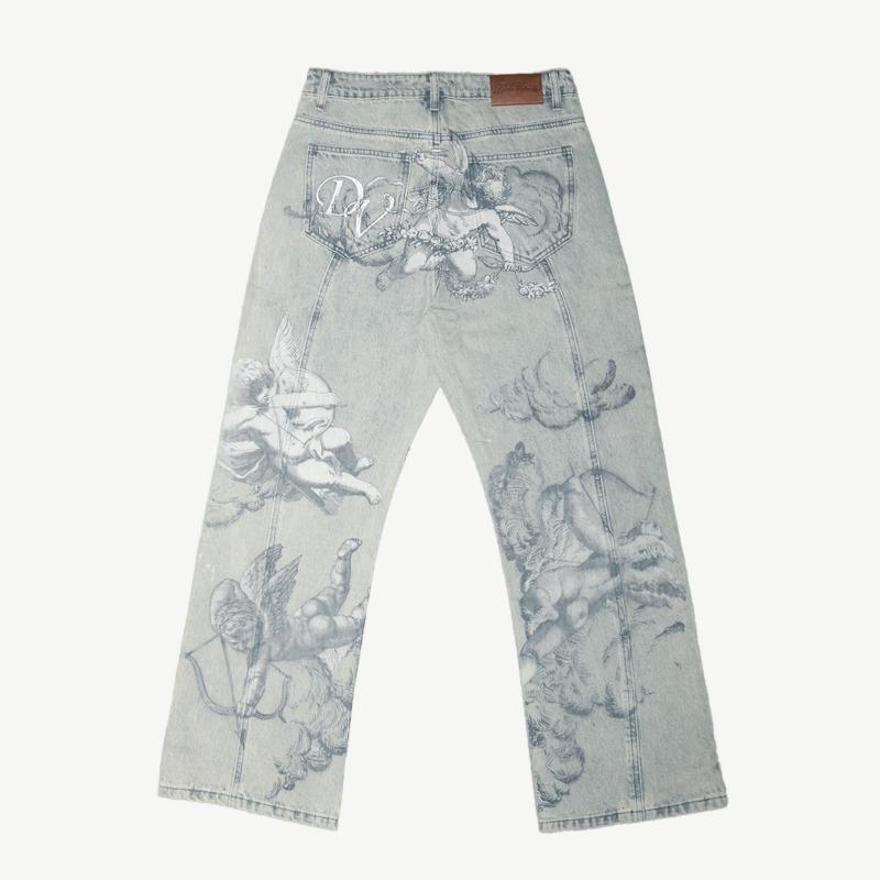 STREETRICH Y2k Retro Luźne Dżinsy Modne Wzór Kupidyna Anioła Męskie Damskie Spodnie Amerykański Hip Hop Streetwear Unisex Codzienne Jeansy o Prostych Nogawkach