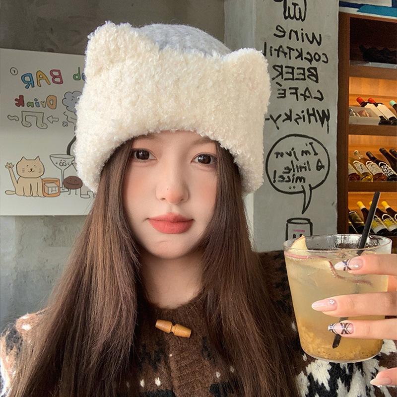 Cute Cat Ears Mixed Color Plush Knitted Hat for Women In Autumn and Winter Sweet Face-showing Small Woolen Hat Warm Ear Protection Hat