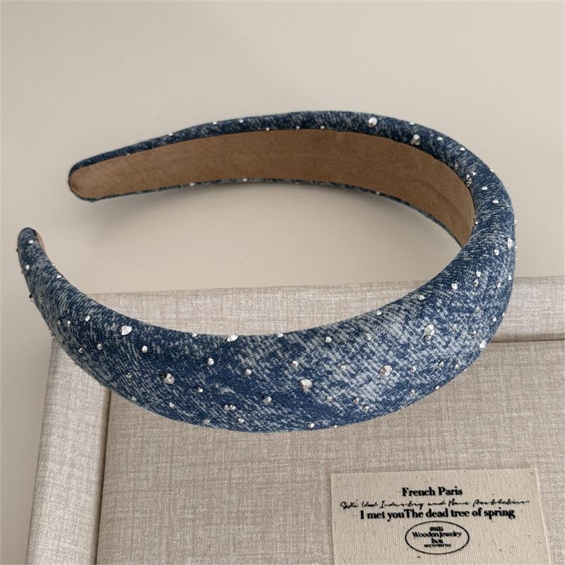 Fashion Women's And Girls Denim Headbands with Sponge Padding 3CM Width Full Rhinestones Padded Hairbands