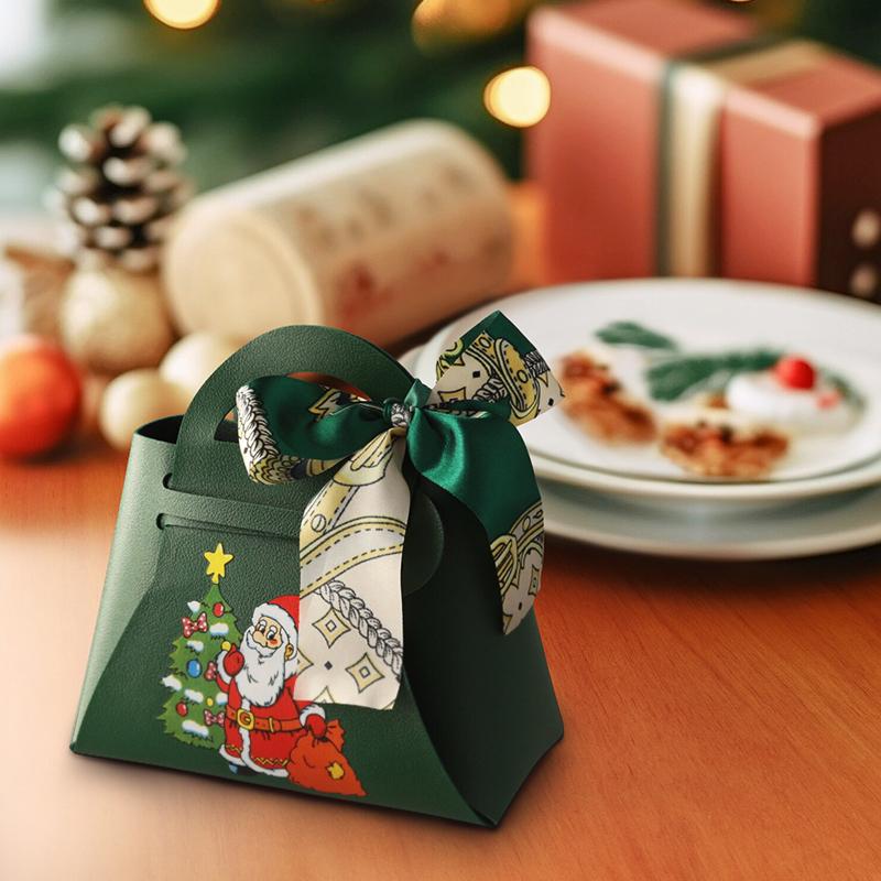 1PC Xmas Party Decor Hand Gift Bag Christmas Candy Boxes Santa Claus Print PU Leather Candy Box
