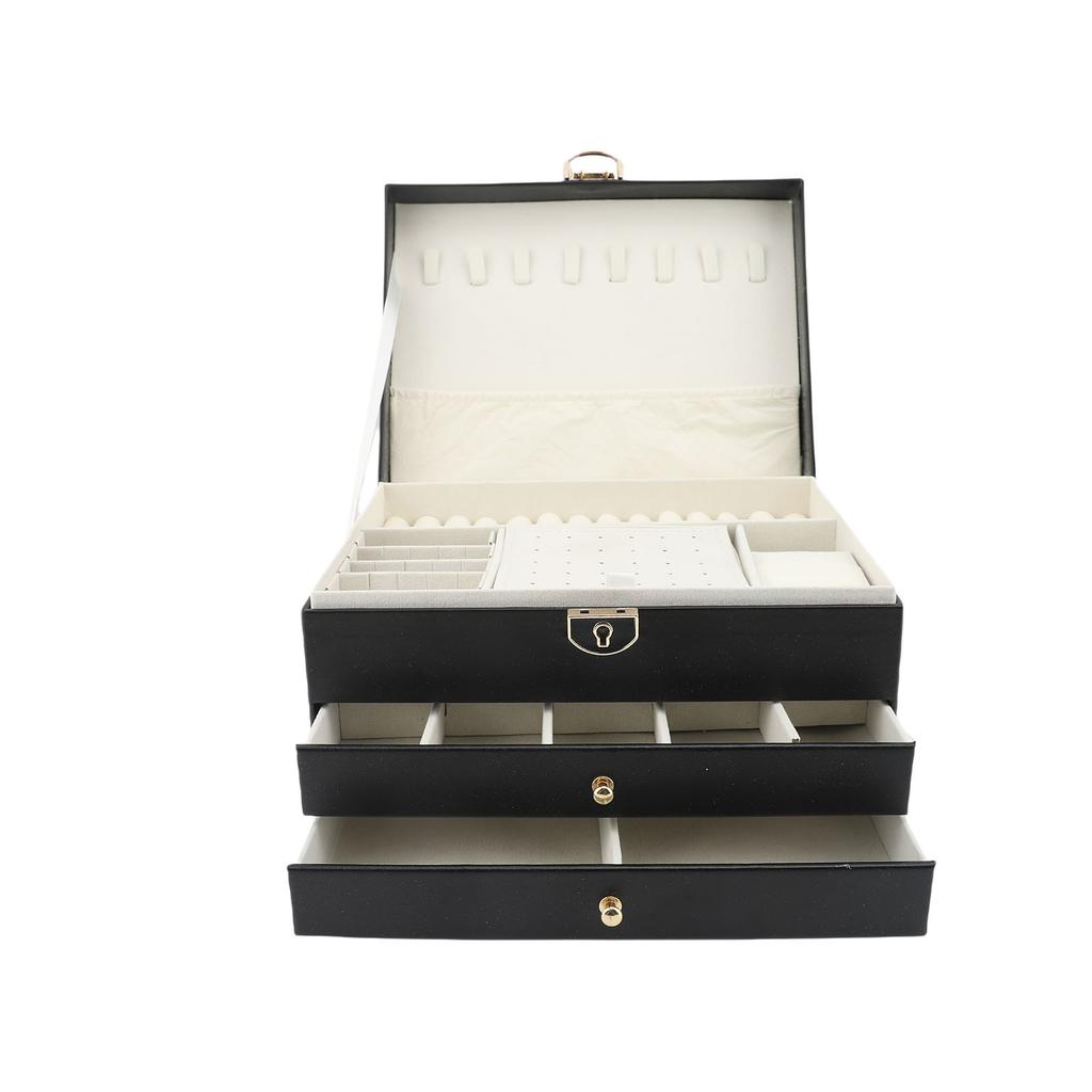 Jewelry Box 3 Layers PU Leather Jewelry Storage for Ear Necklace Bracelets Lockable with Key