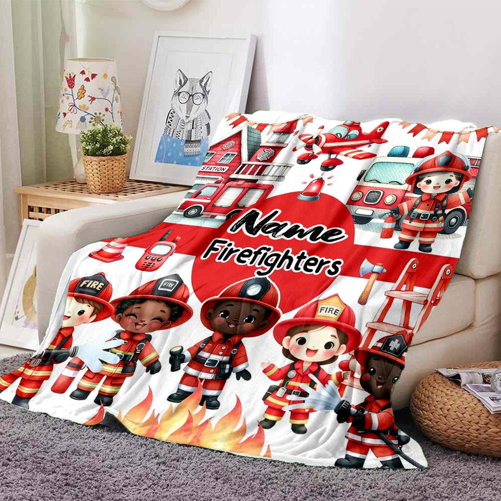 Custom Name fire truck Theme Printed Blanket - Perfect for Couch, Bed, Travel & Outdoor Use | Machine Washable, Cozy & Durable.