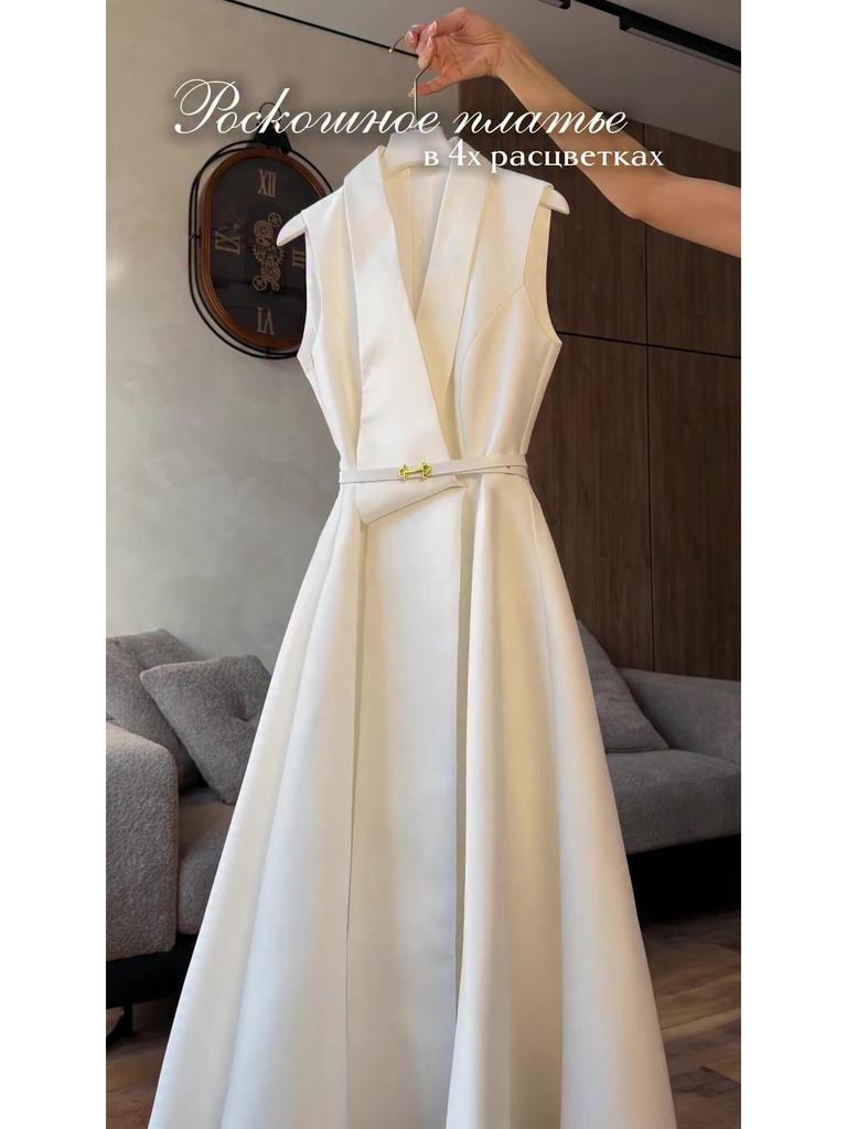 2026 Spring Women's Solid Color Sleeveless Lapel Dress - Slimming, Elegant, and Waist-cinching with a Flared Hem