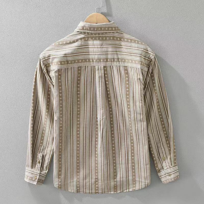 Polar Hemp Japanese-Style Retro Mixed Color Stripe Long Sleeve Cotton Linen Shirt Men's Casual Breathable plus Size Loose Linen Shirt