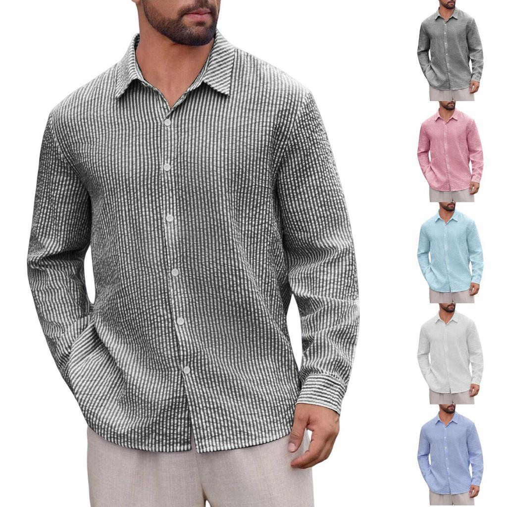 Men's Casual Long Sleeve Button Down Shirt, Lightweight Breathable Striped, for Vacation and Daily Wear
