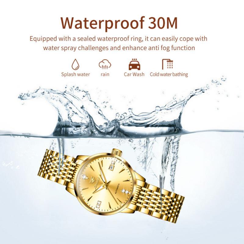 JINSHIDUN Nuevo reloj de negocios y ocio para damas Forma mecánica Calendario Luminoso con incrustaciones de diamantes Reloj impermeable de alta gama