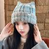 Contrasting Colors Cute Cat Ears Wool Hat Women'S Season Cold Protection Ear Protection Headgear Showing Face Small Pullover Knitted Hat