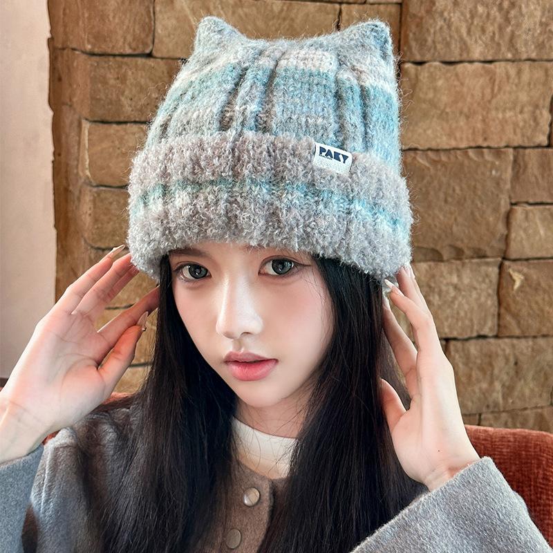Contrasting Colors Cute Cat Ears Wool Hat Women'S Season Cold Protection Ear Protection Headgear Showing Face Small Pullover Knitted Hat