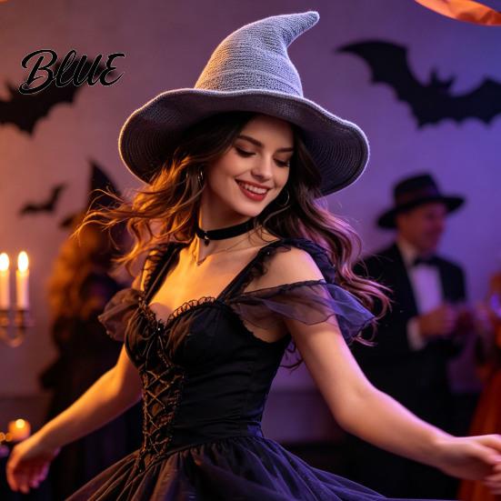 Cotton Knitted Wizard Hat Women Pointed Witch Hat Foldable Wide Brim Cap Halloween for Cosplay Autumn Winter Themed Party Costume Accessory